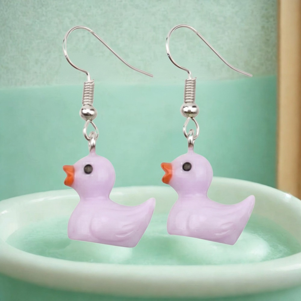 New Rubber Duck Earrings Purple Dangle Kitsch Novelty Whimsical Duck Jewelry
